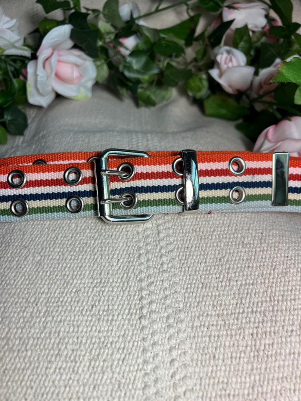 💝Vintages Striped Multicolor Webbing Belt with Silver Buckle